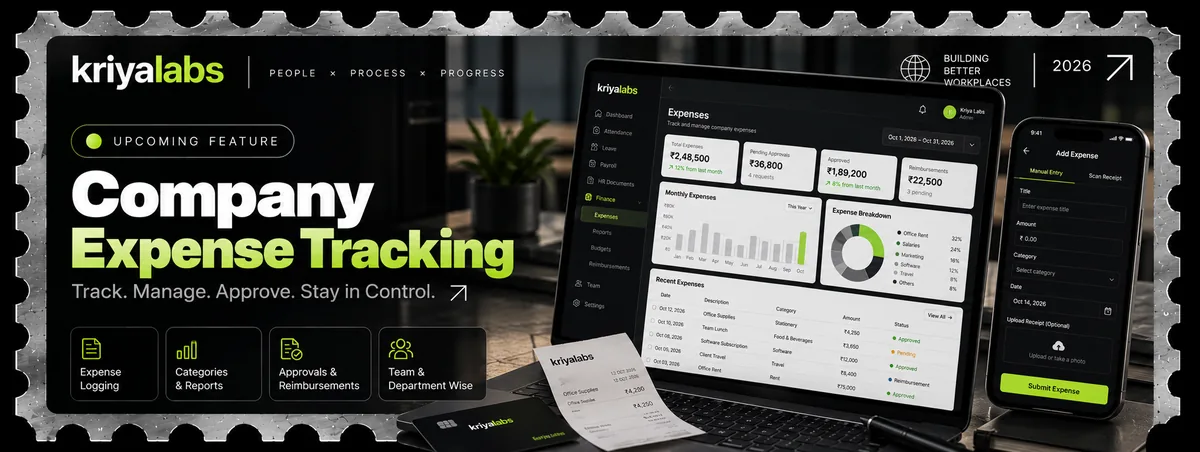 KriyaLabs expense tracking dashboard on a laptop and mobile screen with receipt scanning.