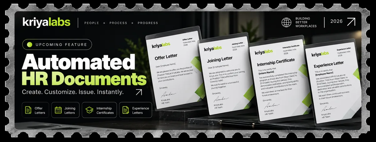 Four KriyaLabs HR document templates: offer letter, joining letter, internship certificate and experience letter.